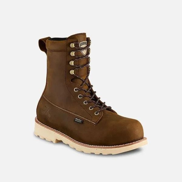 Brown lace-up work boot with tan sole on a plain light background