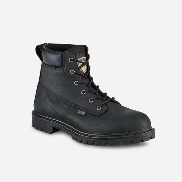 Black leather lace-up ankle boot on a white background