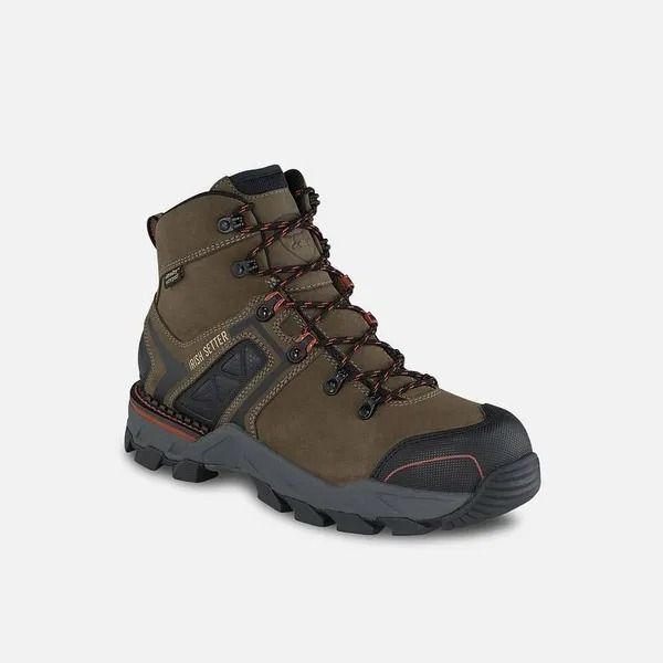 Brown and black hiking boot with red stitching on a white background