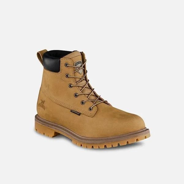 Tan work boot with black collar and brown sole, shown on a plain light background
