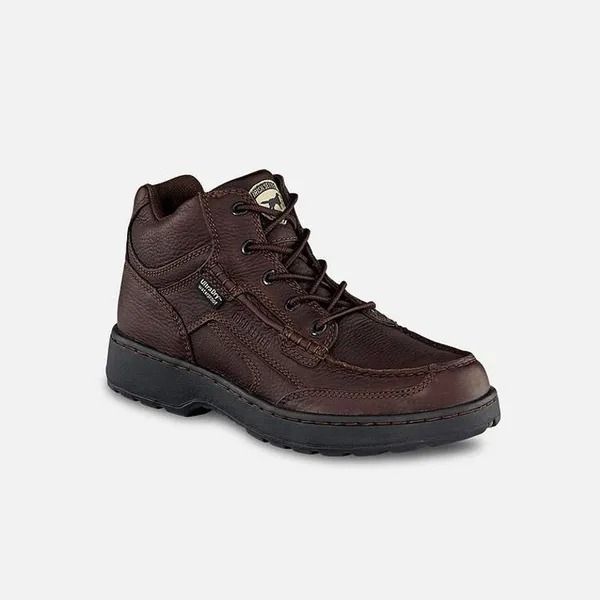 Brown hiking boot with black sole, shown on a white background