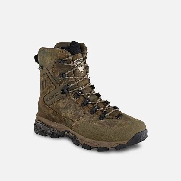 Olive green hiking boot with black sole and laces on a white background
