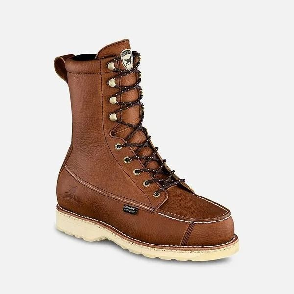 Brown lace-up work boot with tan sole on a white background
