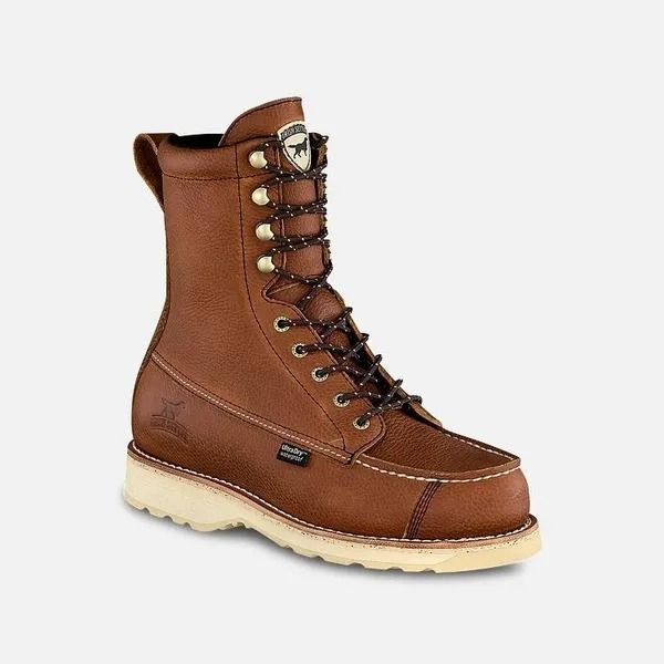 Brown lace-up work boot with tan sole, shown side view on a white background