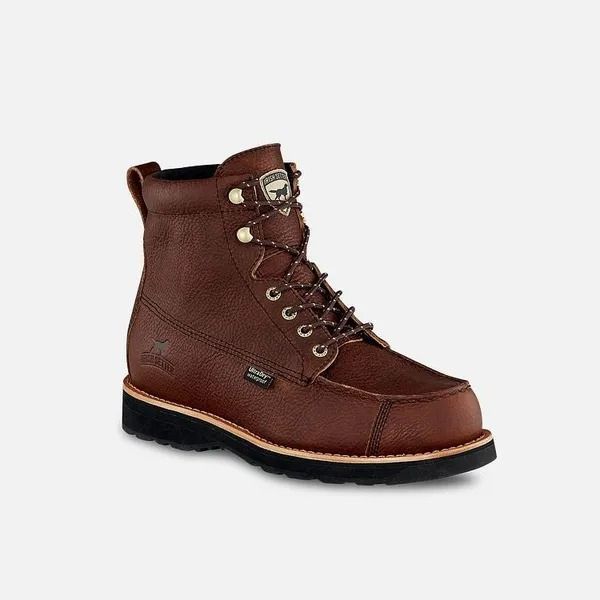 Brown lace-up hiking boot with black sole on a white background