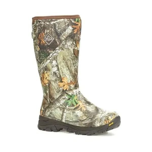 Camouflage rubber hunting boot with dark sole, shown side view on white background