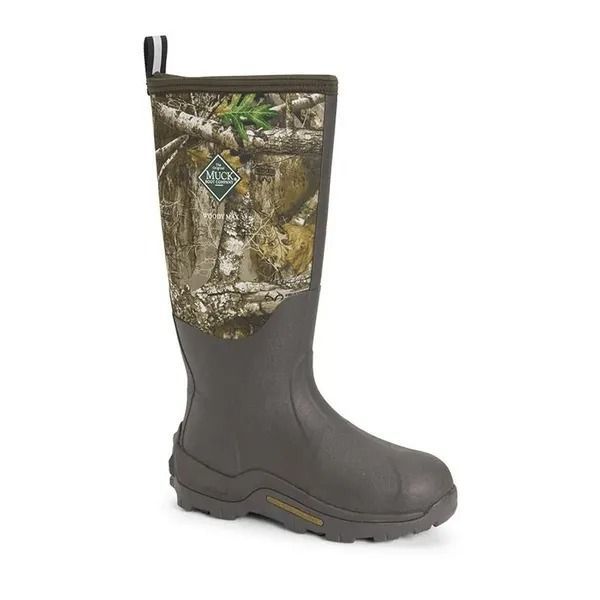 Camouflage knee-high rubber hunting boot with black sole and pull tabs on white background
