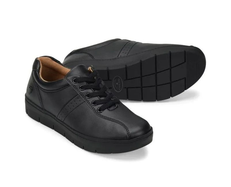 Black lace-up sneaker shown from side and sole on a white background
