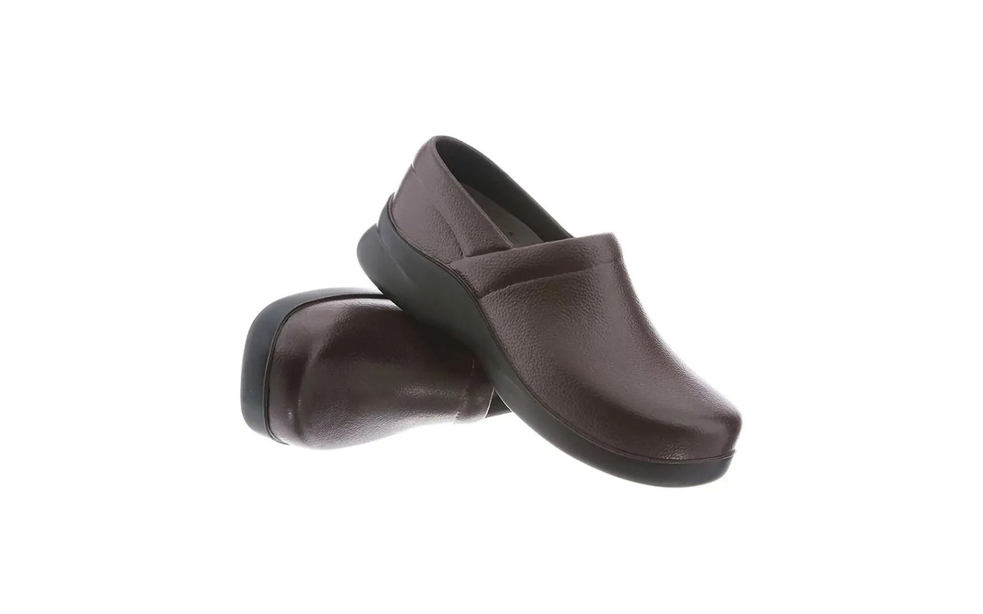 Pair of dark brown slip-on shoes on a white background