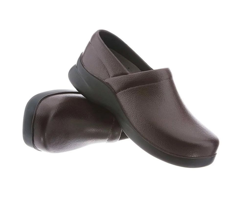 Pair of dark brown slip-on shoes on a white background