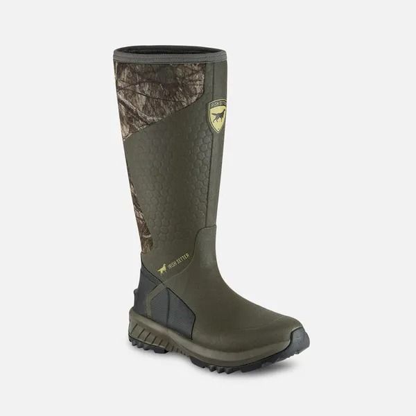 Olive green camo hunting boot with black sole and brown camouflage panels, shown on white background