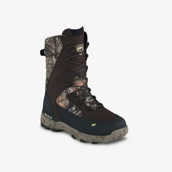Black and camouflage insulated hiking boot with rugged sole on white background