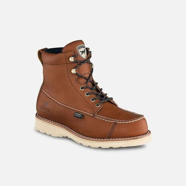 Brown leather work boot with tan sole and black laces on a white background