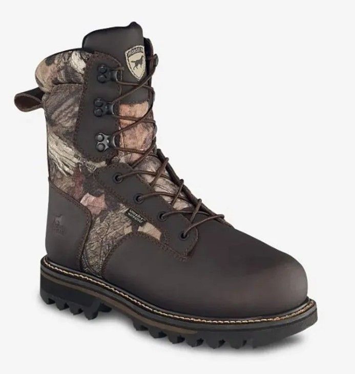Brown work boot with camouflage upper and black sole on a white background