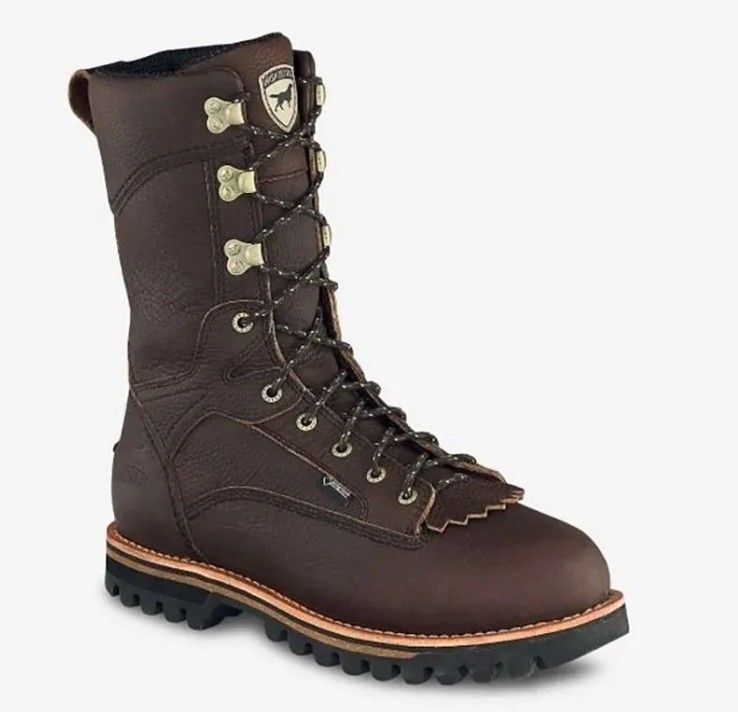 Brown lace-up hiking boot with thick black tread sole and tan welt on white background
