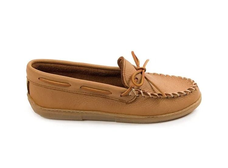 Tan suede moccasin boat shoe with laces, shown in side view on a white background