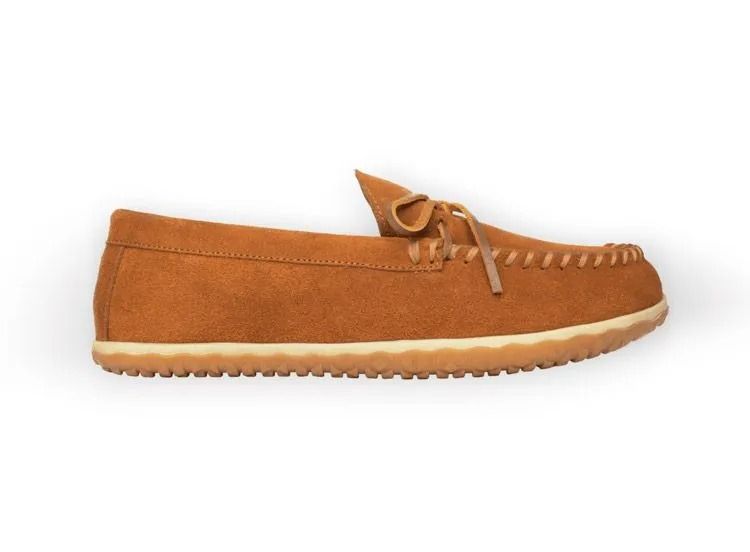 Tan suede moccasin-style shoe with white sole on a white background