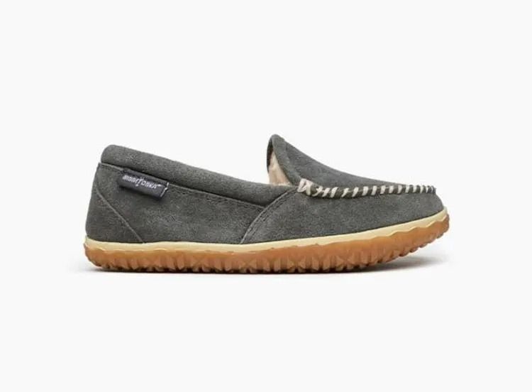 Gray slip-on moccasin shoe with tan rubber sole on a white background