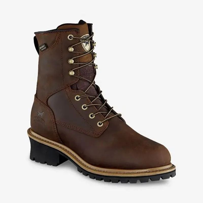 Brown leather lace-up work boot with black sole on a white background