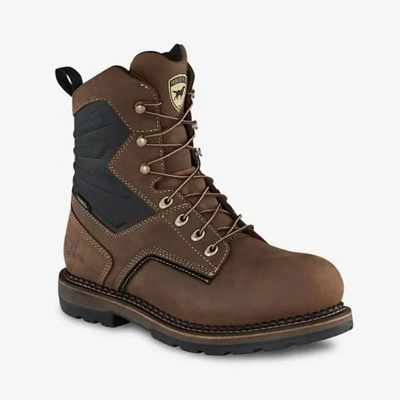 Brown work boot with black side panel and thick tread sole, shown on a white background
