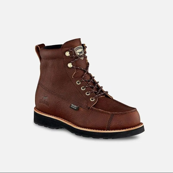 Brown leather work boot with black sole and tan trim, shown on a white background