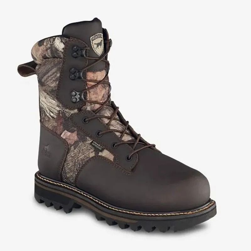Brown waterproof lace-up hiking boot with camouflage collar and black rugged sole