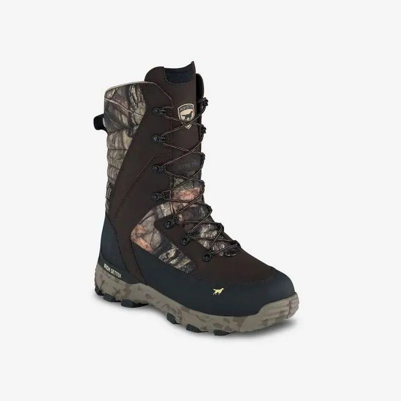 Dark hiking boot with camouflage accents and thick tread on a plain white background