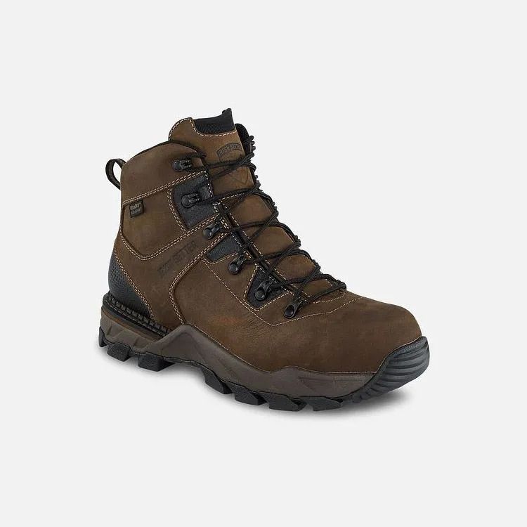 Brown hiking boot with black laces and rugged black sole on a white background