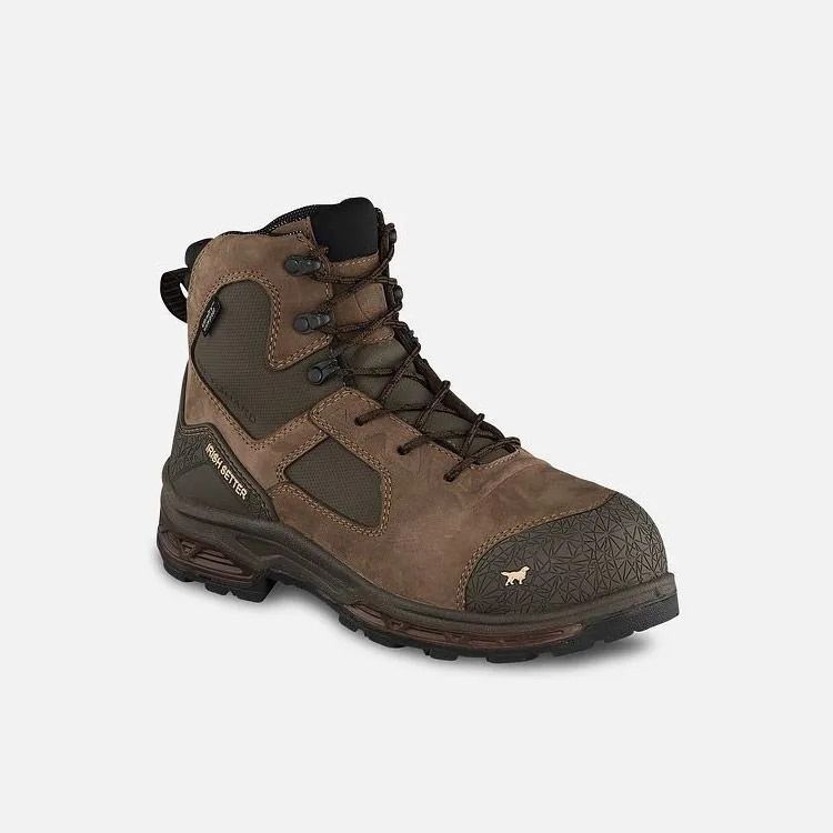 Brown hiking boot with black accents and rugged tread, shown on a white background
