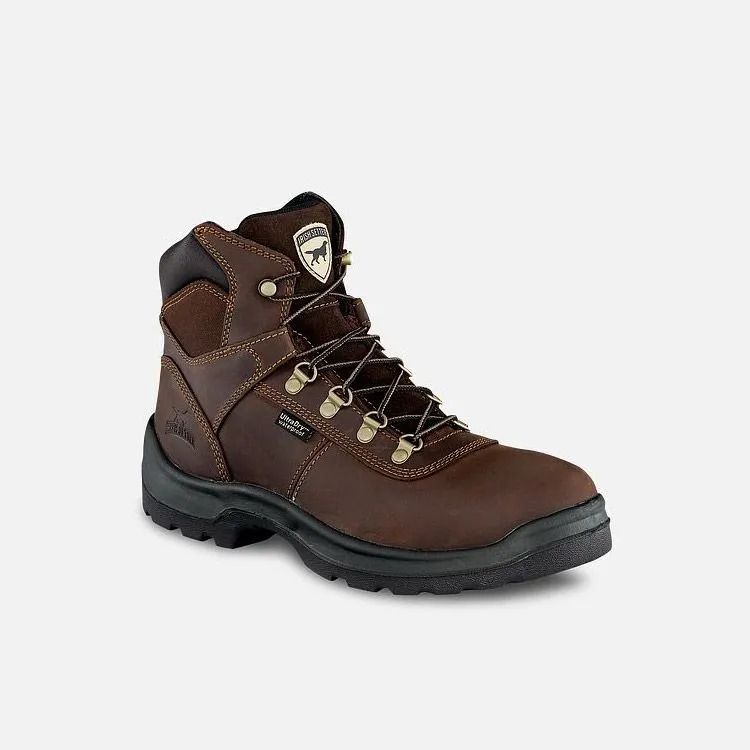 Brown leather hiking boot with black sole and tan laces, shown on a white background