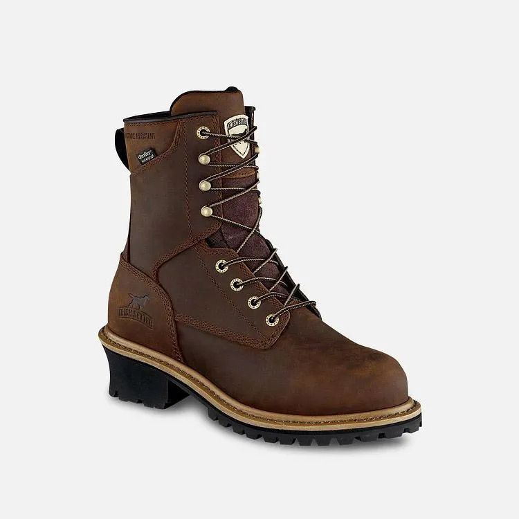 Brown leather lace-up work boot with black sole and low heel, shown on a white background