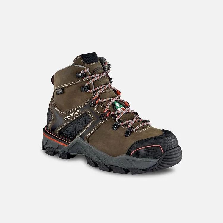 Brown and black hiking boot with red accents and laces on a white background