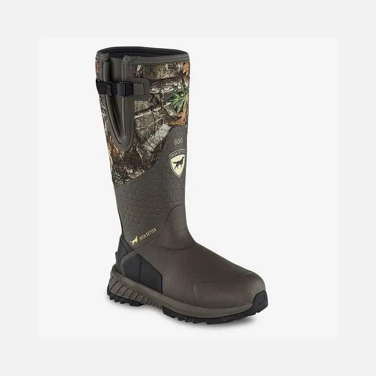 Brown-and-camouflage insulated rubber hunting boot on a white background