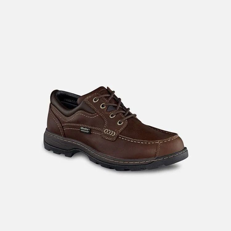 Brown leather lace-up hiking shoe on a white background