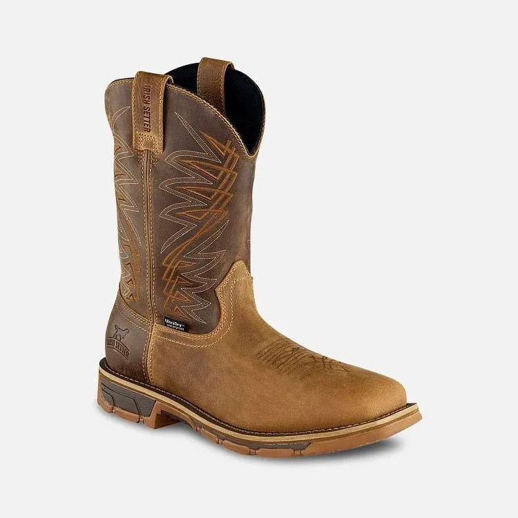 Brown leather cowboy boot with stitched shaft and low heel, shown on a plain white background