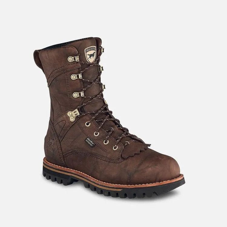 Brown lace-up hiking boot with metal eyelets and black rugged sole on a white background