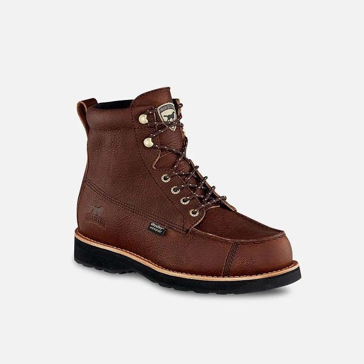 Brown leather hiking boot with black sole and tan trim on a white background