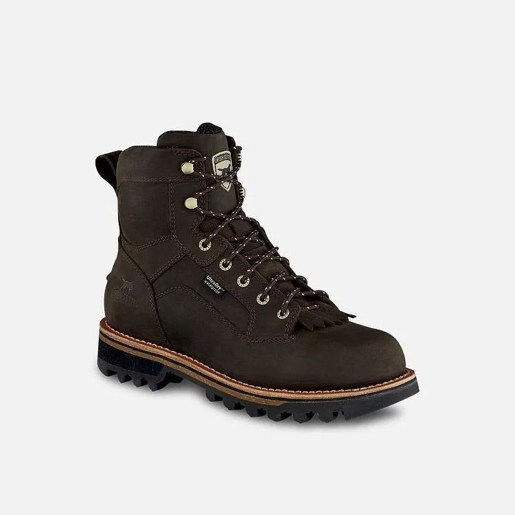 Dark brown lace-up hiking boot with black tread and tan trim on a white background