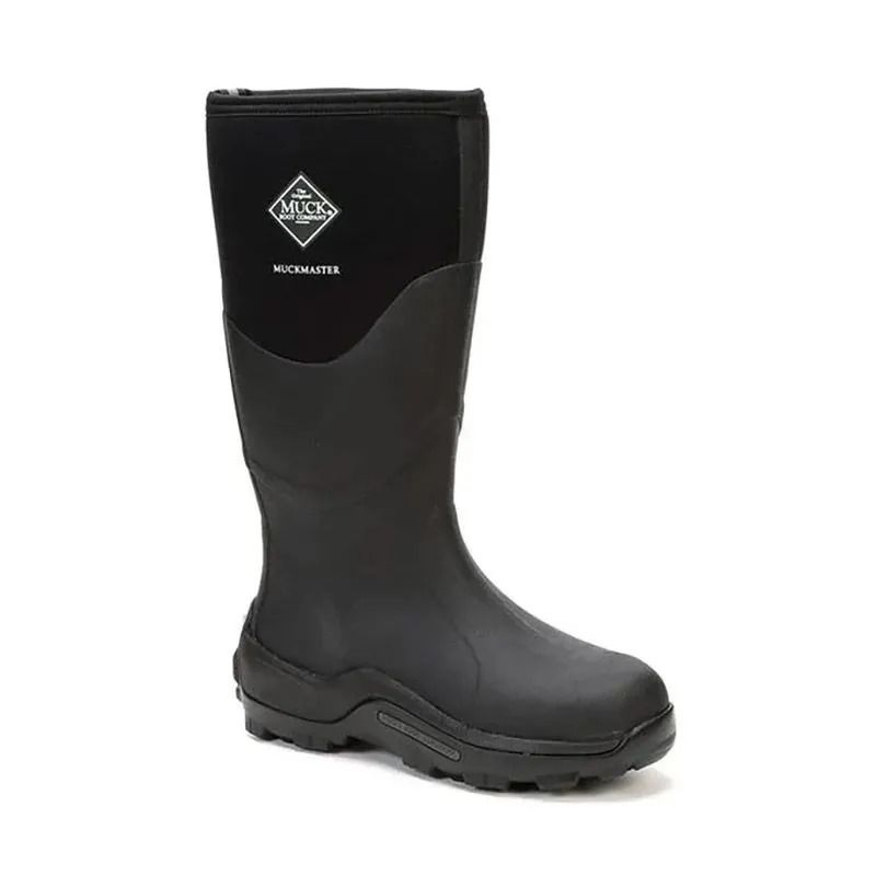 Black knee-high rubber work boot with treaded sole, shown on a white background