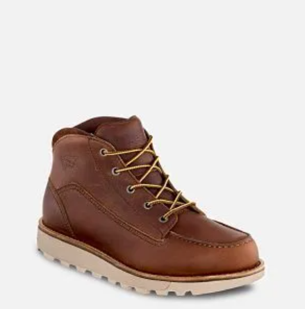 Brown leather hiking boot with tan laces and a beige sole on a white background