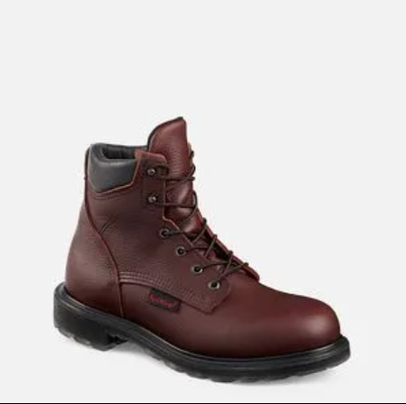 Brown leather work boot with black sole, shown on a white background