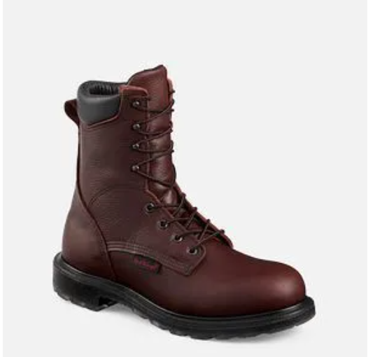 Brown leather lace-up work boot with black sole