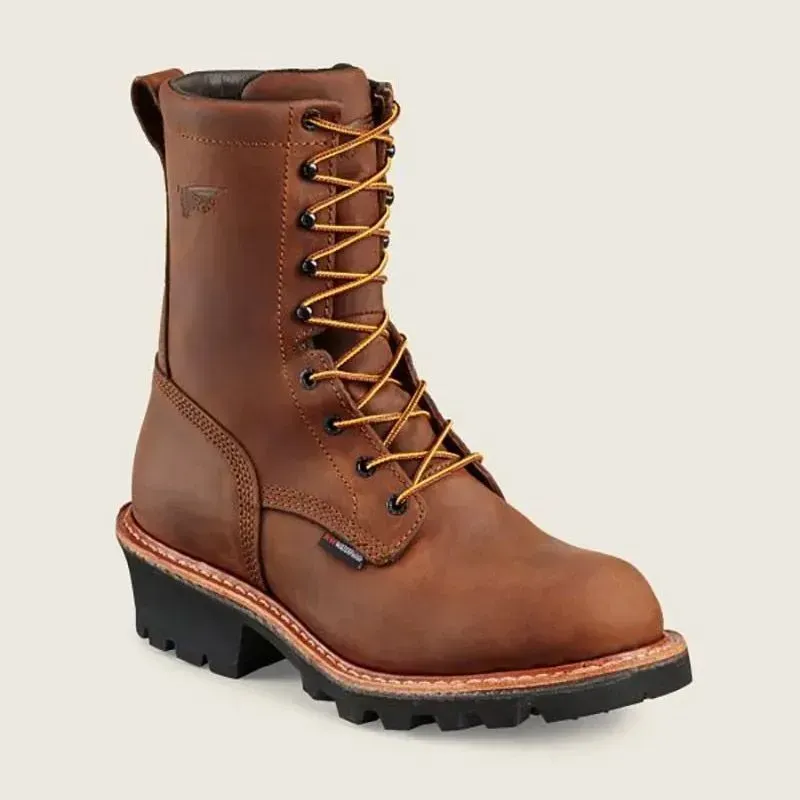Brown leather lace-up work boot with black lug sole, shown on a plain light background