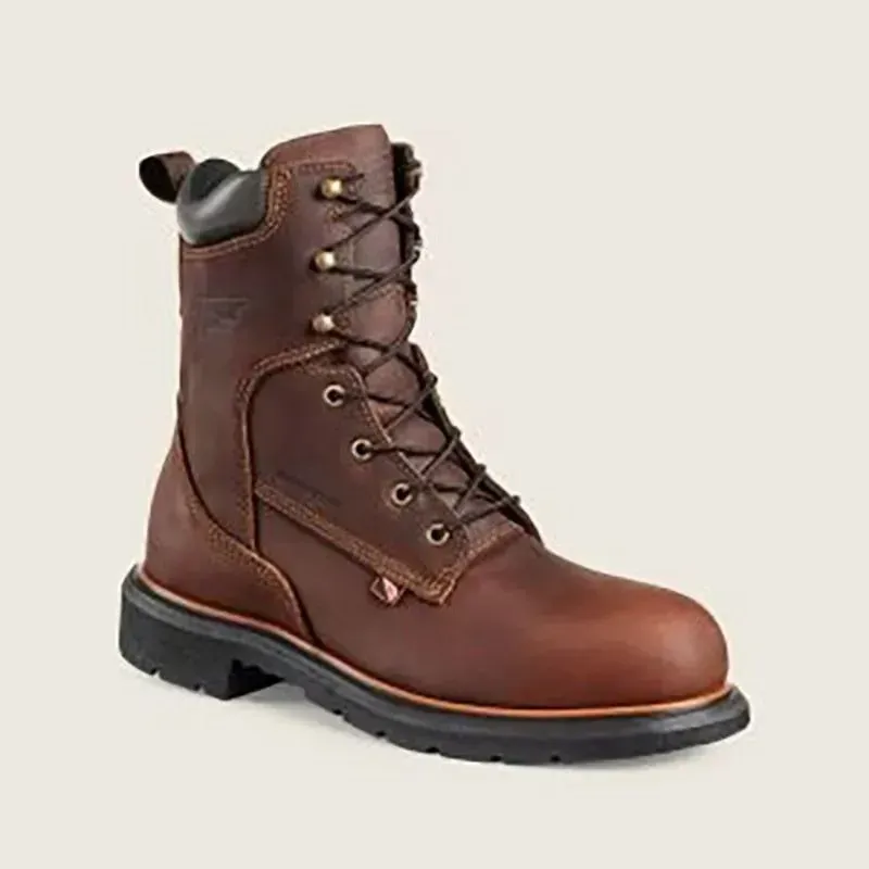 Brown lace-up work boot with black sole, shown on a plain light background