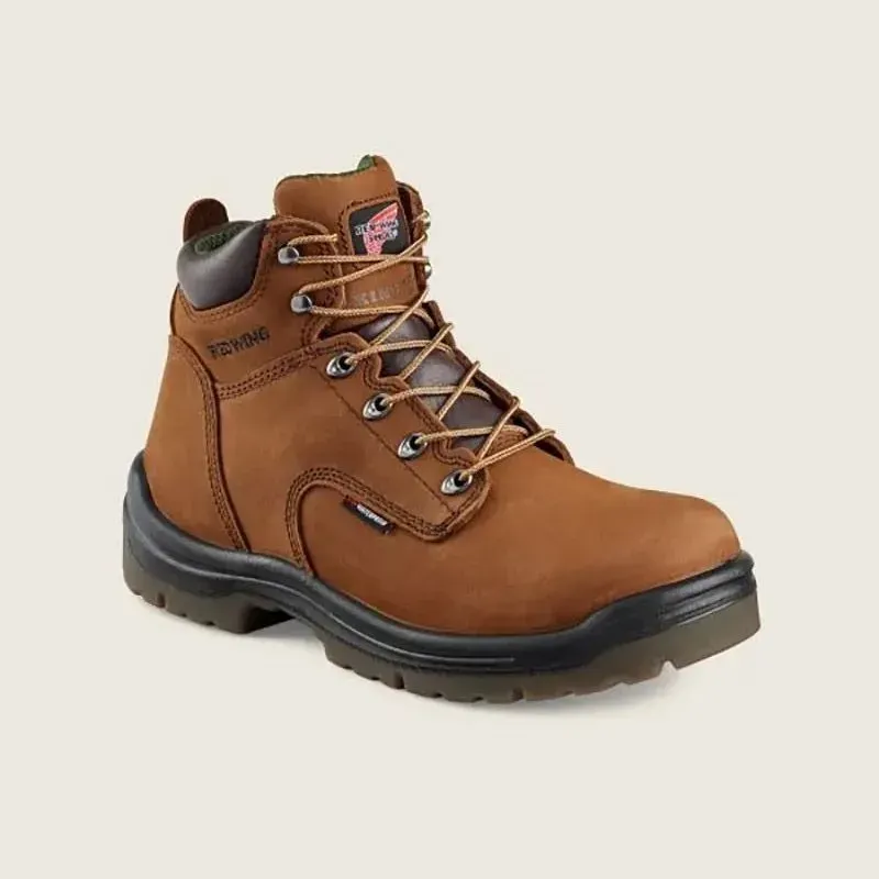 Brown leather hiking boot with black sole and tan laces on a light background