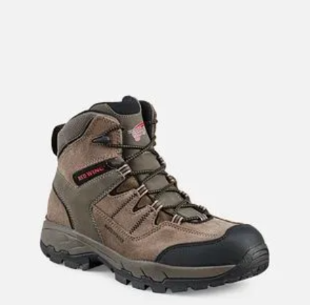Brown hiking boot with black sole and padded ankle, shown on a white background