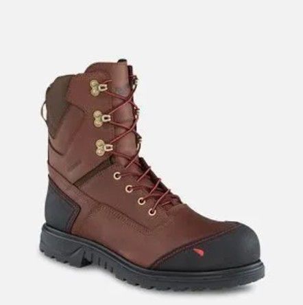 Brown lace-up work boot with black toe and sole on a white background