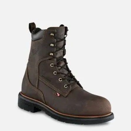 Brown leather lace-up work boot with black sole, shown on a white background