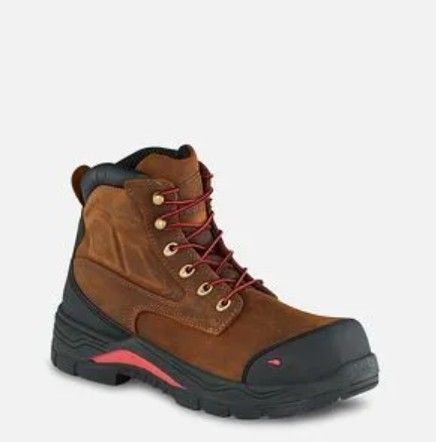 Brown and black lace-up work boot with red accents, shown on a white background