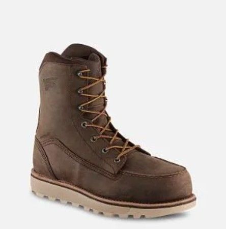 Brown lace-up work boot with tan sole, shown side view on a white background